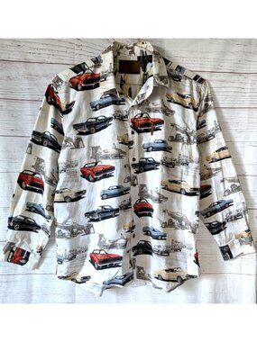 Clearwater Outfitters Retro Cars Men Shirt Beige Button Up Long Sleeves Size XL